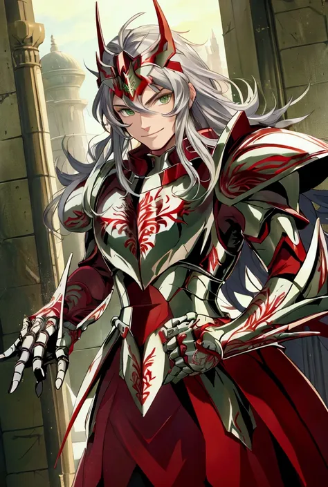 long hair, green eyes, red hair,a man, smile,  silver armor