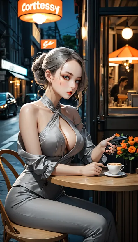 conceptual installation art, cool beauty and crazy secret agent , sitting at table in open-air cafe drinking latte while concealing small silenced pistol and aiming at her target, orange glossy silky messy half updo, forehead, make up, amorous and lewd exp...