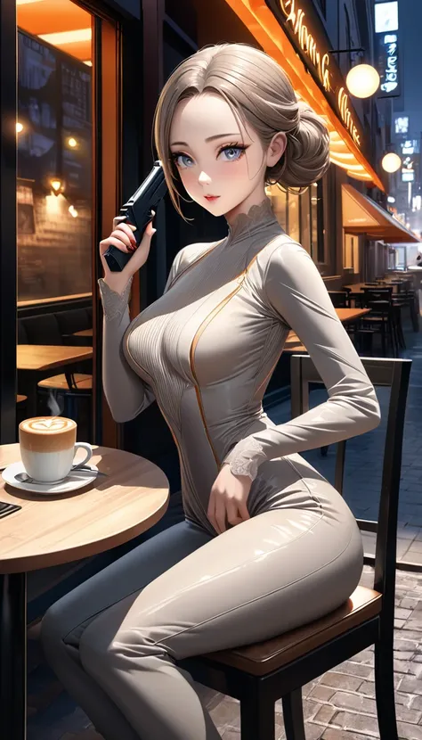 conceptual installation art, cool beauty and crazy secret agent , sitting at table in open-air cafe drinking latte while concealing small silenced pistol and aiming at her target, orange glossy silky messy half updo, forehead, make up, amorous and lewd exp...