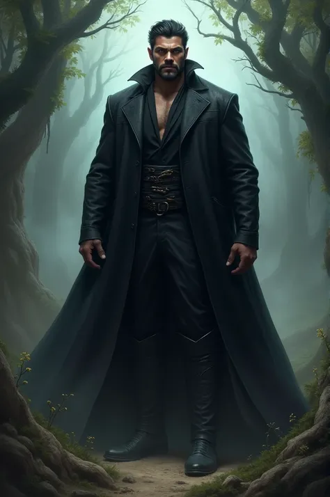 A man with dark hair and olive skin with a strong and strong expression wears a long black coat, a prominent wide body, against the background of a fantasy world, a dark light dream, a fantasy style