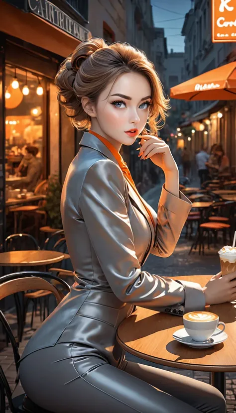 conceptual installation art, cool beauty and crazy secret agent , sitting at table in open-air cafe drinking latte while concealing small silenced pistol and aiming at her target, orange glossy silky messy half updo, forehead, make up, amorous and lewd exp...