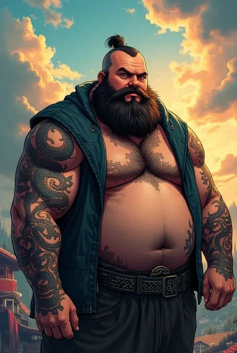 Fat man with a bearded Viking tattoo
Japanese anime
