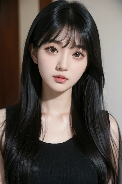 korean idol portrait, ulzzang, nam jae young, shin jin young, larisa manovar, korean girl, she has black hair with bangs, center part bang, popular korean makeup, headshot profile picture, with bangs