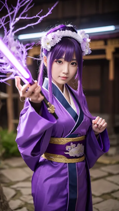 The overall picture of a woman like Raiden Shogun, purple kimono,A costume that looks like a hagoromo,Purple Hair, super resolution, , Zhao Yun, China&#39;Three Kingdoms, Bianlian, Genghis Khan, Feng Shui,  ponytail, Xianxia Hero, Chinaの戦士,