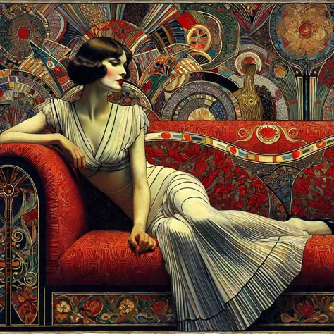 painting of a woman sitting on a red couch with a fan, art deco painting, art deco era), art deco portrait, georgy kurasov, cine...