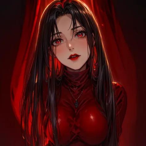 masterpiece:1.2, 1women, Romanian, (30 years), (Best quality), (real picture, complex parts, depth of field), very detailed, perfect face, (deep red glowing eyes), (dark red lips), attractive waist, high, tight belly, (long black straight hair:1.2), (bangs...