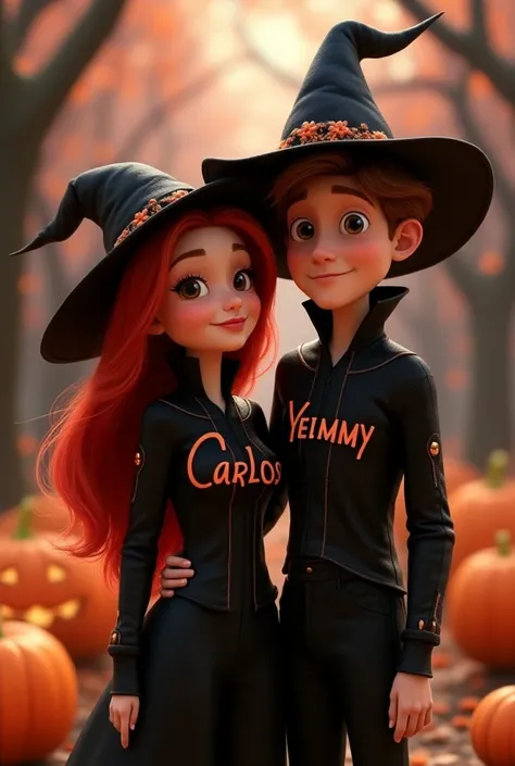 Disney Pixar animation couple woman with long red hair and man with brown hair both wearing hats and black Halloween clothes marked with the names Carlos and Yeimmy 