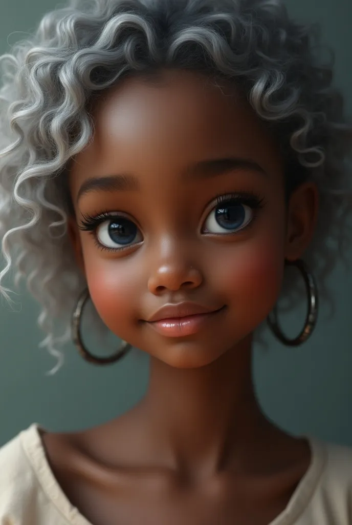 A photorealistic profile picture of a wise, black , girl with wavy silver hair,  and indigo eyes and a graceful smile 😊