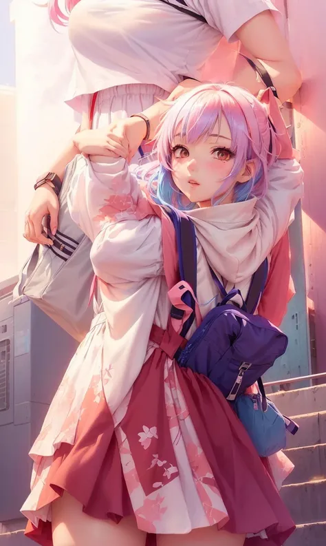  anime girl with blue hair, white shirt and backpack ,  anime visual of a cute girl ,  anime visual young woman , close up iwakura lain, anime best girl, sayori , like an anime character, Anime girl named Lucy, Ray Hiroe, young anime girl, close up of a yo...