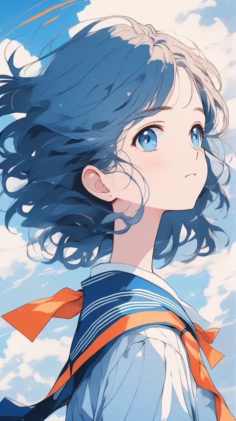 illustrator, anime, realistic sketch, abstract background, body, looking up at the sky, profile, blue hair, short bob, the girl ...