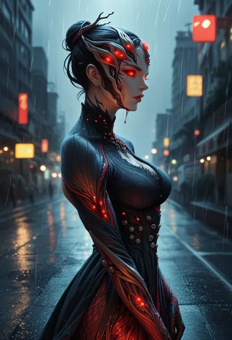 1 japanese girl, WARFRAME, intricate pattern, heavy metal, energy lines, faceless, glowing eyes, elegant, intense, blood red and black uniform, solo, modern, city, streets, dark clouds, thunderstorm, heavy rain,, dramatic lighting,, (masterpiece:1.2), best...