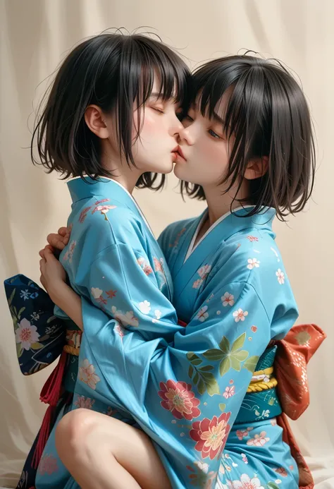 Twins girls, Double girls, Black short bob with long Bangs, realistic photography,(8k),((skinny legs), ((Hug)), (Kiss in the cheek) detailed face, detailed skin, profissional image, shy girls, girls with kimono, cute girls, (background de festival japonês)...