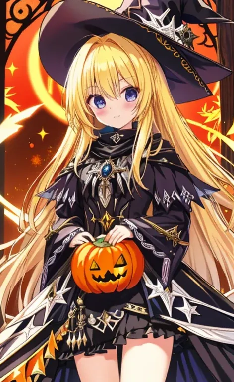  beautiful long blonde hair 　 cowboy shot 　wearing edgBlkMage　edgBlkMag　Holding a pumpkin