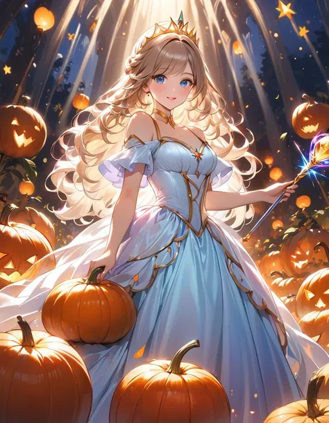 Photographed from below the front、(The witch waves a large magic wand to activate magic :1.5)、Mysterious light overflowing from a cane flows into pumpkins on the ground :1.5、Freshly picked, uncut pumpkins on the ground １Large pumpkins emit strong light :1....