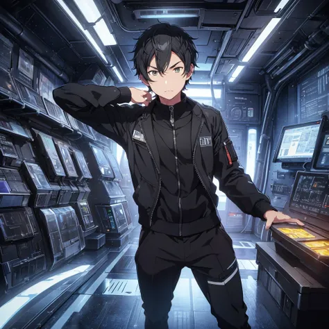  illustration of a young man , Black Hair, Short Hair,  short wolf hair , 20-year-old man,  wearing a black pilot suit,  relaxing in a spaceship lobby ,  serious expression , Official Art、 best quality 、 unity 8k Wallpaper 、32K、masterpiece、Super detailed, ...