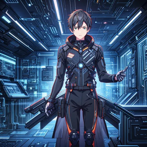  illustration of a young man , Black Hair, Short Hair,  short wolf hair , 20-year-old man,  wearing a black pilot suit,  relaxing in a spaceship lobby ,  serious expression , Official Art、 best quality 、 unity 8k Wallpaper 、32K、masterpiece、Super detailed, ...