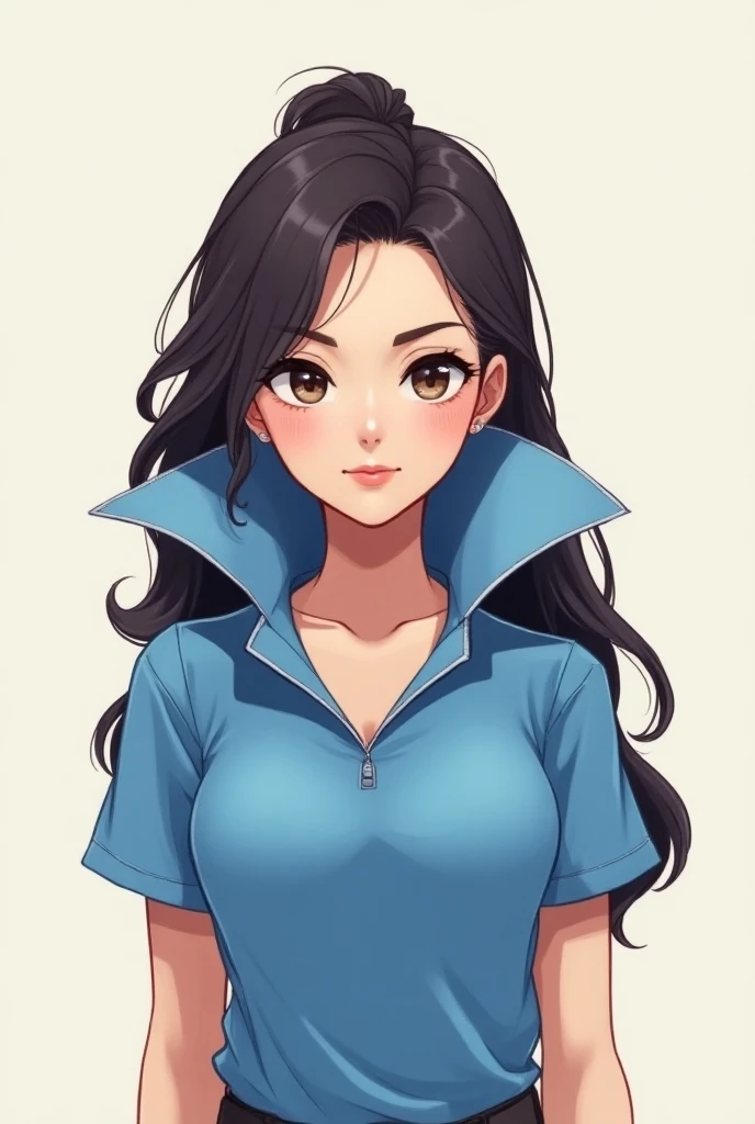 Anime Maria Robtink wearing a Blue Polo with a Massive Popped Collar 