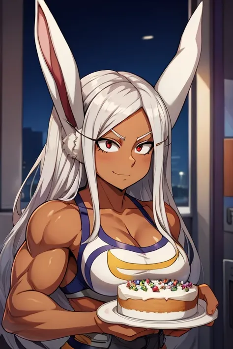 Mirko from My Hero Academia, Sexy and muscular tanned bunny girl with silver hair holds a cake with "one hundred" written on it