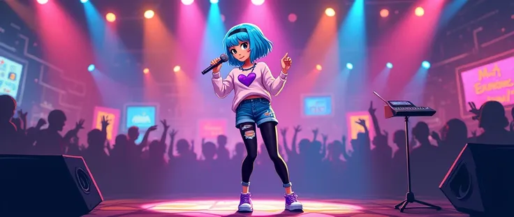  slender girl with big boobs and big hips with short blue hair with a heart pin on her head with a purple necklace and mini sweater with a heart in the middle with ripped denim shorts, black tights and purple sneakers.    dancing and singing with a microph...