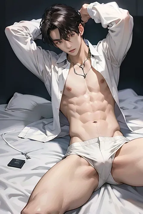 Korean man, slim, brown hair, white skin, black blindfold, arms raised above head, wrists tied, white shirt_unbuttoned, abs, no pants, legs spread, holding, genitals, bed, lying down 