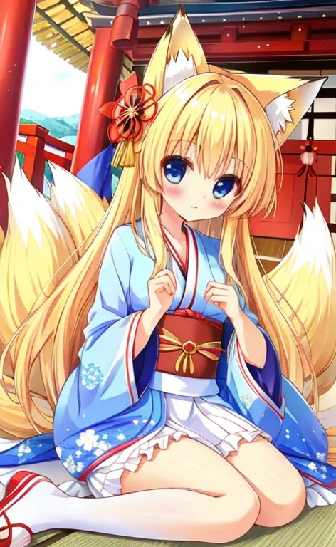  beautiful long blonde girl　 blue eyes 　 light blue kimono 　shrine　whole body　 fox tail　Fox Ears