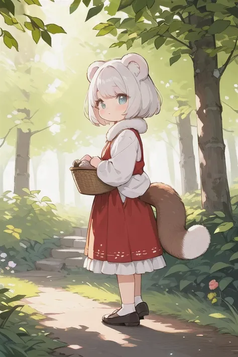  a young bear girl standing in a peaceful forest village, She has bear-like features, such as fluffy bear ears, a small tail, and paws, but with a humanoid appearance,Her large, expressive eyes and soft fur give her an adorable and kind look,She is dressed...