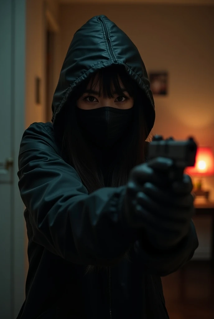 korean beautiful girl, (behind stiff, black surgical mask), gun, shotting, black leather gloves, bloody room, black raincoat, foodie, hood up, gun, living room, black leather gloves, hidden, looking at viewer, blood splatter, long bangs, black wet suit, ni...