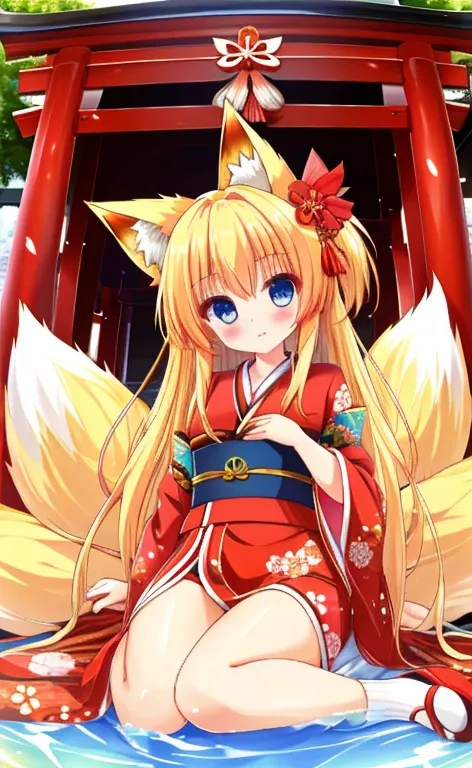  beautiful long blonde girl　 blue eyes 　Red Kimono 　shrine　whole body　 fox tail　Fox Ears