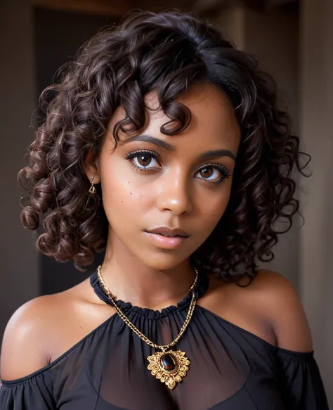 masterpiece, highest quality, (solo focus), (perfect face:1.1), (high detail:1.1),dramatic, 1woman, deep brown skin, expressive amber eyes, shoulder-long dark curls, beauty mark on her left cheek, wearing a blouse and a feminist necklace, staring defiantly...