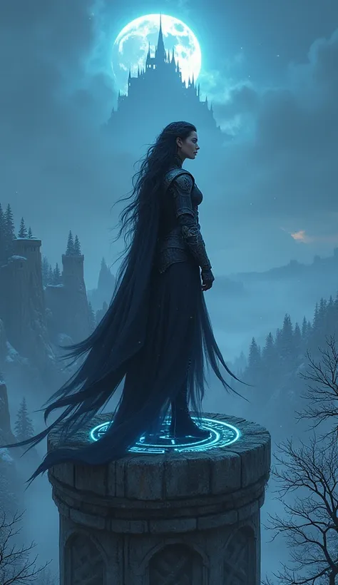 ‘A stunning, dark-haired female elf with ethereal bright blue eyes stands atop an ancient stone tower in a mysterious forest city. Her dark leather armour is adorned with glowing runes and her long cloak billows in the cold winter wind. Moonlight illuminat...