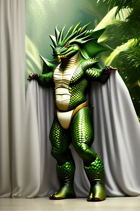 three green dragon with sunglasses and a white diaper are standing in a row, dragon-inspired cloth robes, as atlantean reptilian...