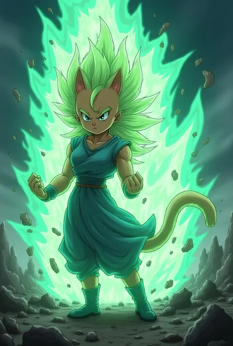 A cat in human form, a Cat Super Saiyan Cat, unleashes a massive energy wave that shatters the Earth and creates a massive shock wave. She is standing on rocky ground with a stormy sky in the background. The energy wave is a combination of green and blue t...