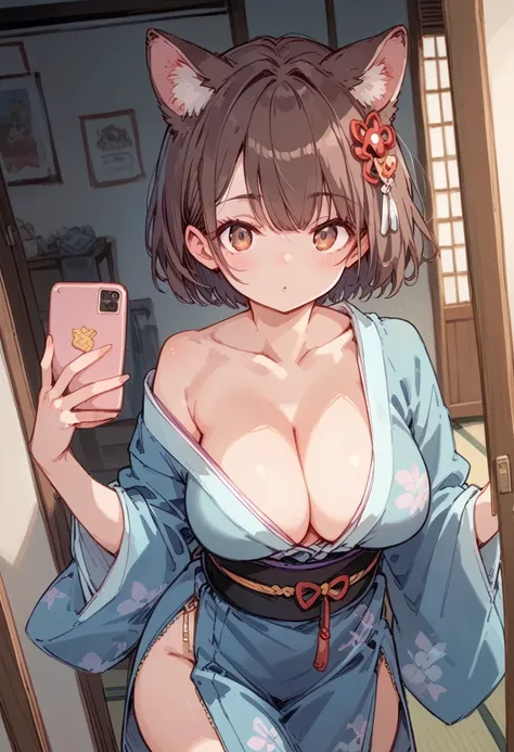 1girl, animal ears, brown hair, hair ornament,  japanese clothes, kimono, short hair, selfie, zipper down clothes, cleavage, show shoulder, big breast,