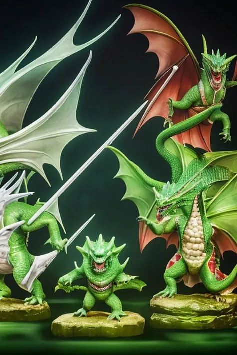 three green dragon with sunglasses and a white diaper are standing in a row, dragon-inspired cloth robes, as atlantean reptilian...