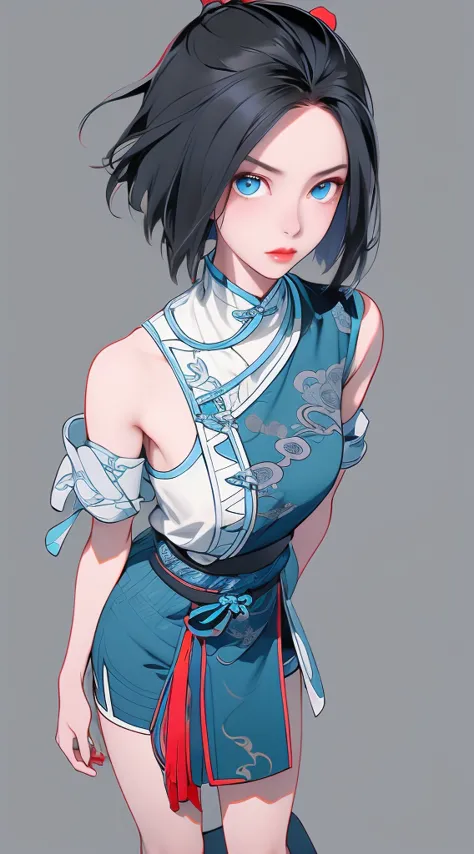 Masterpiece, Best quality, 1 Ji Ruxue, the expression is cold, strong, blue eyes, short hair, wolfcut hairstyle, smoky mix blue color hair, resolute eyes, red lips, simple Taoist Taoist uniform, Chinese mix morden, frontal photo, black or white background,...