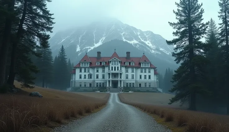 "Create a realistic image of the Stanley Hotel located in Estes Park, Colorado, from a wide-angle perspective. The hotel is a large, white Georgian-style building with red roofing, featuring multiple floors, large windows, and a grand, historic appearance....