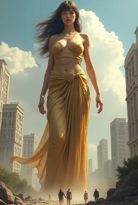 Giantess goddess Athena 100m tall Towering over skycraper walk around Athens, eat one tiny man alive ,drop him into her mouth, stunning, cute, Blue eyes, Brown Hair, Bangs, show belly and shoulder,Breasts, golden warrior dress , From Above, Large breasts, ...