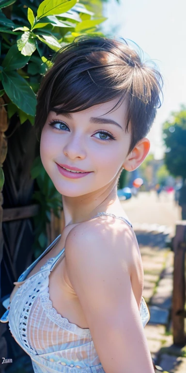 Photo of a  European girl, .RAW, beautiful woman,freckles on cheeks and chest ,beautiful blue eyes(Light brown hair pixie haircut),pixie hair cut ((portrait)), ((detailed face:1.2)), ((Detailed facial features)), (finely detailed skin) ,cute makeup, Purple...