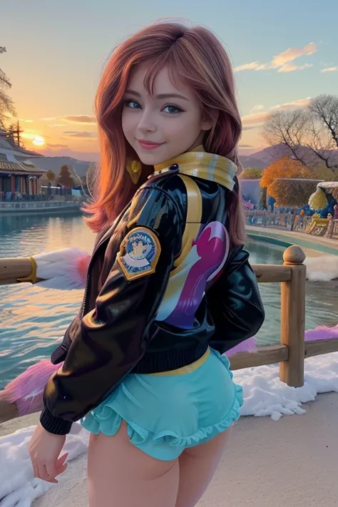 (Masterpiece, The best quality:1.2), only, 1girl , beautiful teenage girl europea , Caucasian , mlpshimmer, Nice smile , make-up  , looking at the viewer, small black jacket , sunset shimmer , mlp , 18 years , beautiful teenage girl , teen model , turquois...