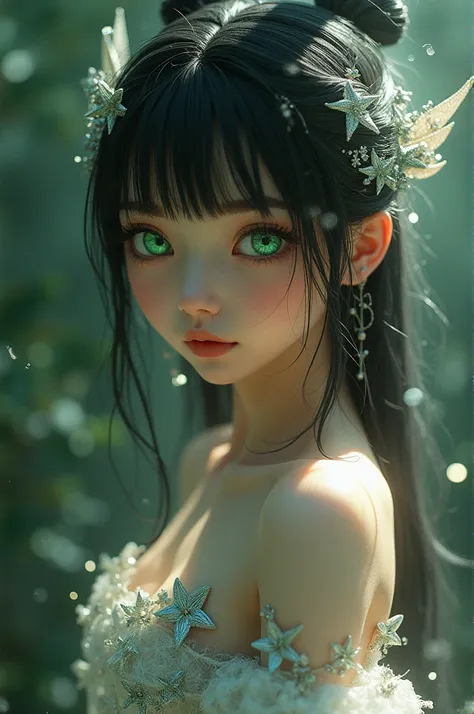 Create a beautiful fairy woman with green eyes and straight black hair with bangs she wears a beautiful dress that will fall from shiny silver stars