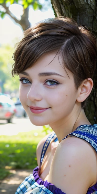 Photo of a  European girl, .RAW, beautiful woman,freckles on cheeks and chest ,beautiful blue eyes(Light brown hair pixie haircut),pixie hair cut ((portrait)), ((detailed face:1.2)), ((Detailed facial features)), (finely detailed skin) ,cute makeup, Purple...