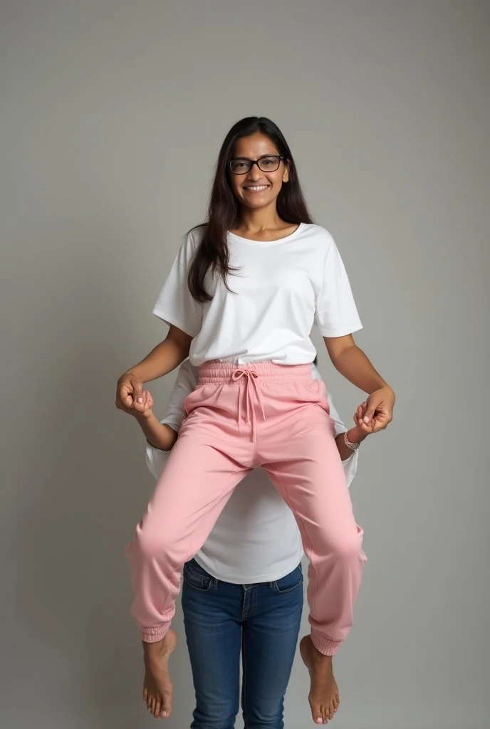 Create a photo of a 30 year old indian woman, with a slender and beautiful body, wearing a white shirt, braless with bare breasts and wearing pink sweatpants, with white and clear skin, with long light brown hair wearing prescription glasses, while being l...