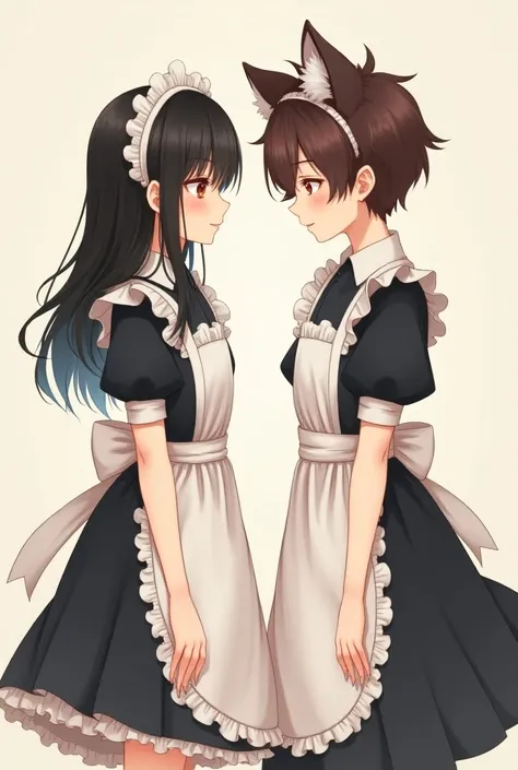 Create an image of a white-skinned Asian girl with black hair and a white-skinned Asian boy with brown hair and cat ears, both wearing a maid outfit