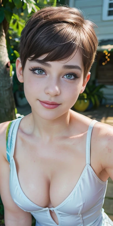 Photo of a  European girl, .RAW, beautiful woman,freckles on cheeks and chest ,beautiful blue eyes(Light brown hair pixie haircut),pixie hair cut ((portrait)), ((detailed face:1.2)), ((Detailed facial features)), (finely detailed skin) ,cute makeup, Purple...