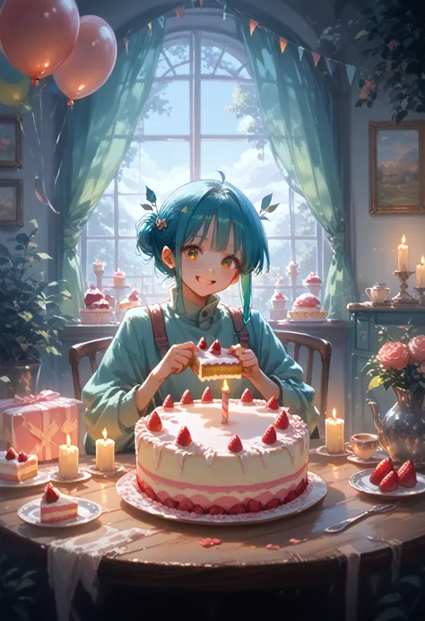  anime girl, bright personality, smile,  Holds Happy Birthday Cake ,  lots of candles on cake , round cake ,  there is a glass cup on the table with tea and a lemon wedge on the cup,  Background The house is cozy with a table and soft chairs ,  Balloons , warm light, masterpiece, 8 k,  complex details,