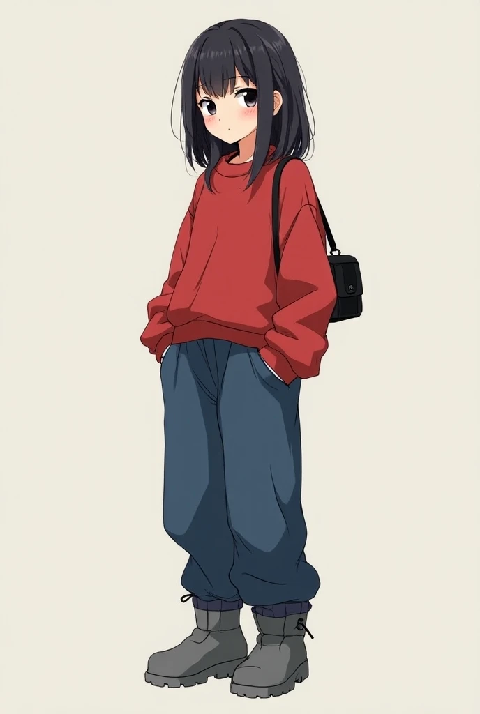 Fille anime avec un sweat rouge, un pantalon patte déléphant bleu, les cheveux noir et détaché avec un ras de cou noir et un petit sac noir