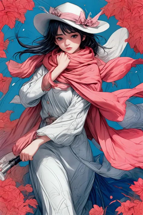realistic anime, beautiful bulky European woman in a beautiful designer dress, a designer wallet jewelry , a hat for the windy autumn , a delicate scarf , the hat is barely blown away by the wind she tries to grab it , leaves flying in the wind , she...