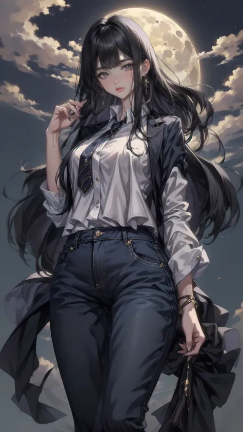  beautiful anime-style scene of a young woman standing under a shining full moon , Soft ,  Aethereal Light . She has been a long time,  Flowing black hair with brown and gold hues ,  gently swaying wind over the night sky . her calmness,  Her gentle expression staring into the distance captures that moment.  The background depicts a clear night sky strewn with stars , And a big ,  Moon that shines prominently behind her .  Distant planets with rings are visible near the Moon ,  Adding an element of fantasy to the scene .  She wears loose casual clothes ,  A bright shirt and fitted jeans ,  stands gracefully against a peaceful background , A dreamlike night.