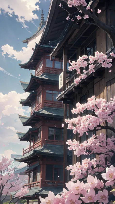 of it looks like : 夕暮れの桜の影 girlが静かに立っている空の背景,  the blue-dyed . 彼女の目の前にそびえ立つのはバベルのtowerと呼ばれる巨大な桜だ. shape,  like breaking through ...