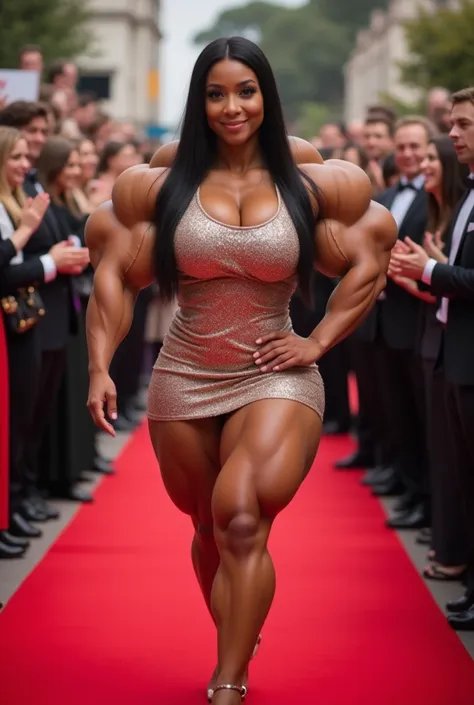 medium shot of an extremely muscular woman strutting confidently down a vibrant red carpet. she has fair skin, long straight bla...